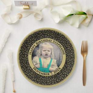 45 Your Photo Random Number Pattern Black/Gold Paper Plates