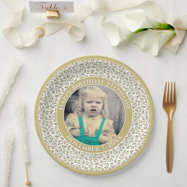 45 Your Photo Random Number Pattern Gold/White Paper Plates (Wedding)