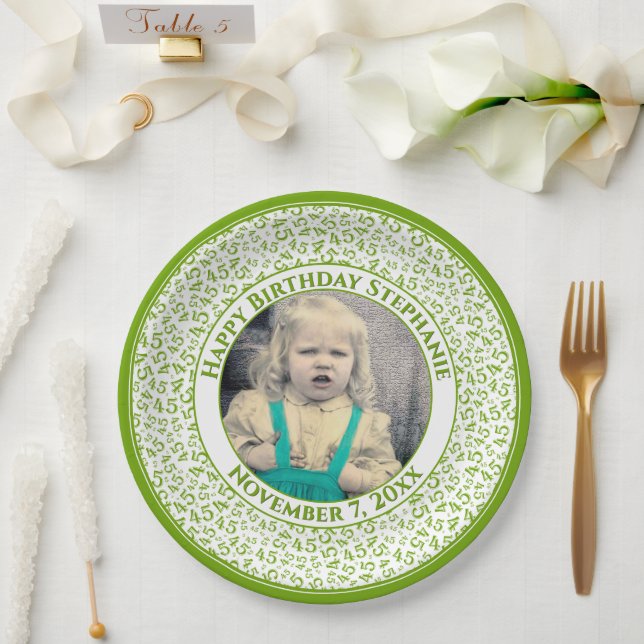 45 Your Photo Random Number Pattern Green/White Paper Plates (Wedding)