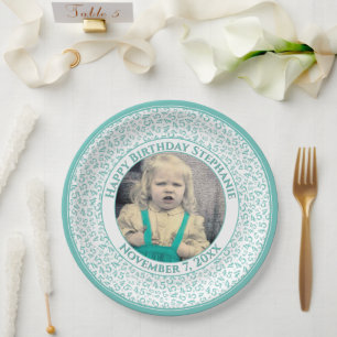 45 Your Photo Random Number Pattern Teal/White Paper Plates