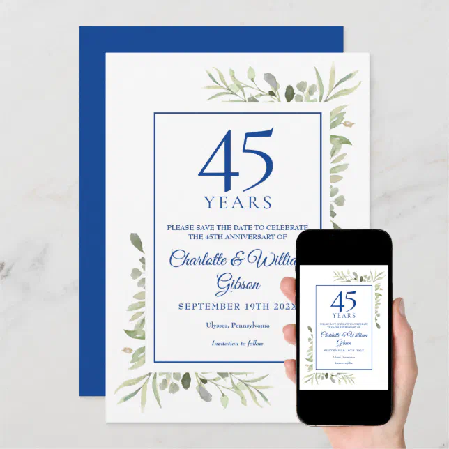 45th 65th Anniversary Save the Date Greenery Invitation | Zazzle