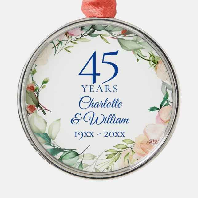 45th 65th Wedding Anniversary Roses Floral Garland Metal Ornament (Front)