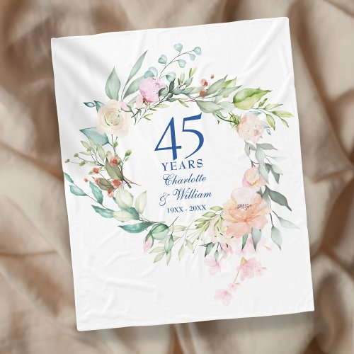 45th 65th Wedding Anniversary Watercolor Floral Fleece Blanket