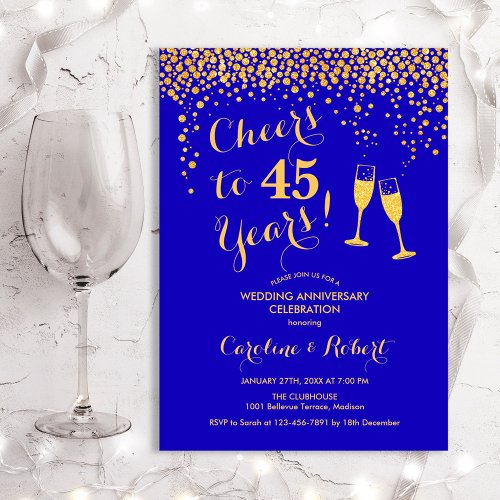 45th Anniversary _ Cheers to 45 Years Blue Gold Invitation