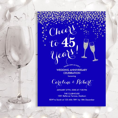 45th Anniversary _ Cheers to 45 Years Silver Blue Invitation