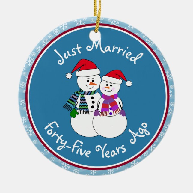 45th Anniversary Gift Fun Snow Couple Christmas Ceramic Ornament (Front)