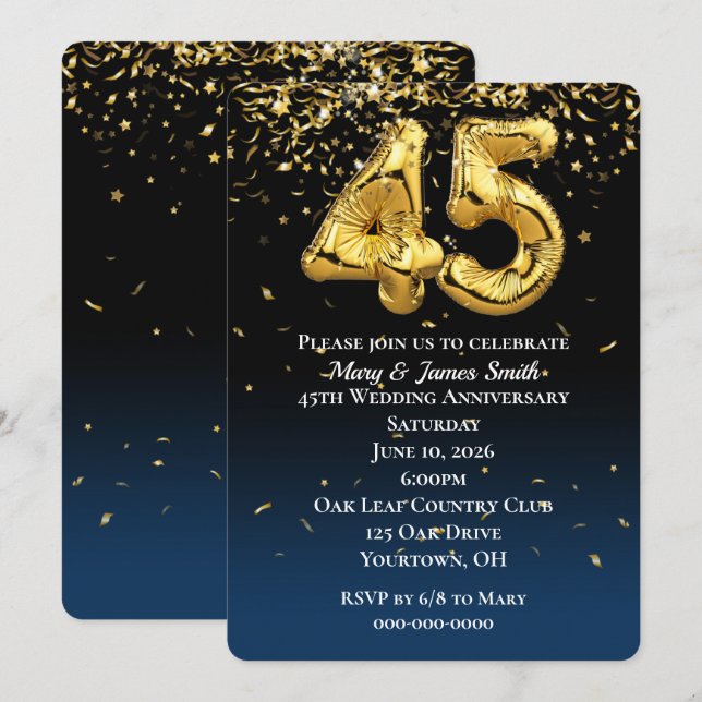 45th Anniversary Gold Balloons & Confetti Invitation (Front/Back)