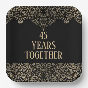 45th Anniversary Gold Lace On Black Paper Plates