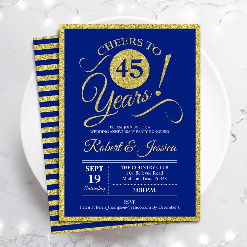 45th Anniversary Party _  Sapphire Blue Gold Invitation