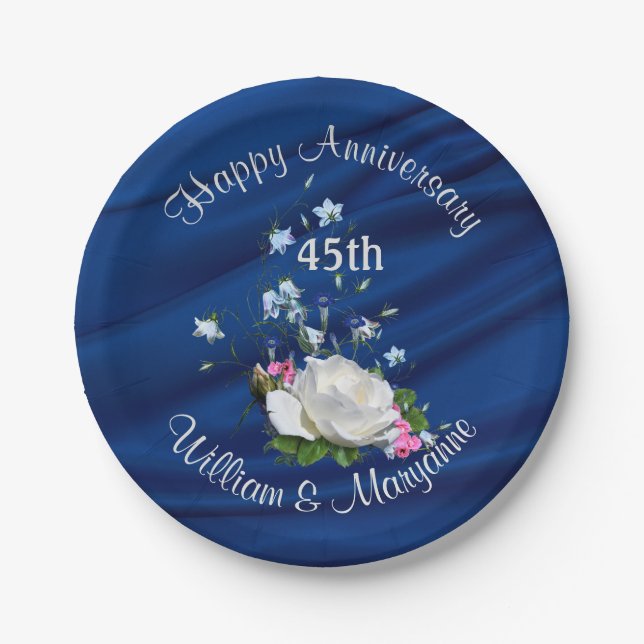 45th Anniversary Party White Rose Sapphire Blue Paper Plates (Front)