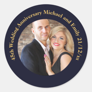 45th ANNIVERSARY PHOTO Navy Gold Classic Round Sticker