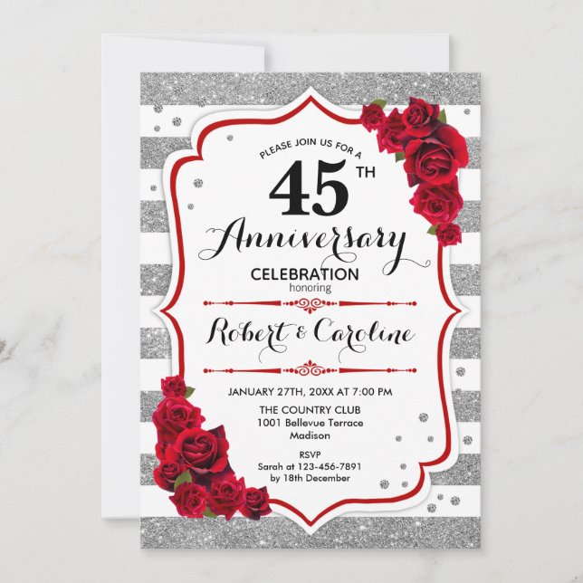 45th Anniversary - Silver White Red Roses Invitation (Front)
