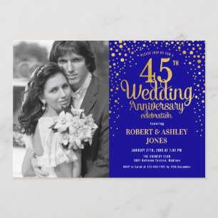 45th Anniversary with Photo - Blue Gold Invitation
