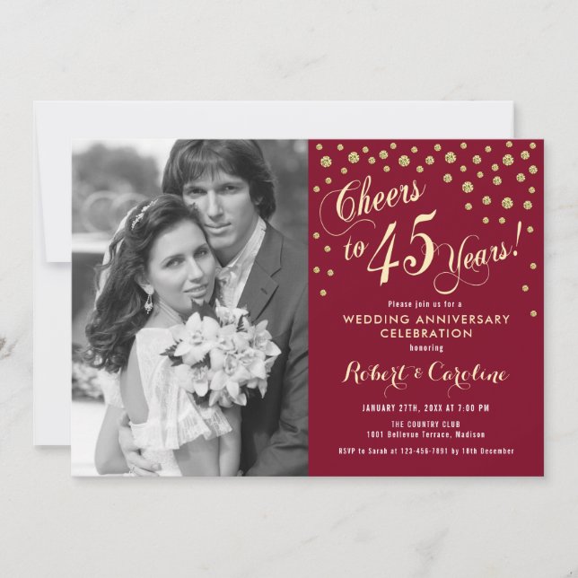 45th Anniversary with Photo - Gold Ruby Red Invitation (Front)