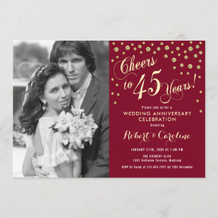45th Anniversary with Photo - Gold Ruby Red Invitation
