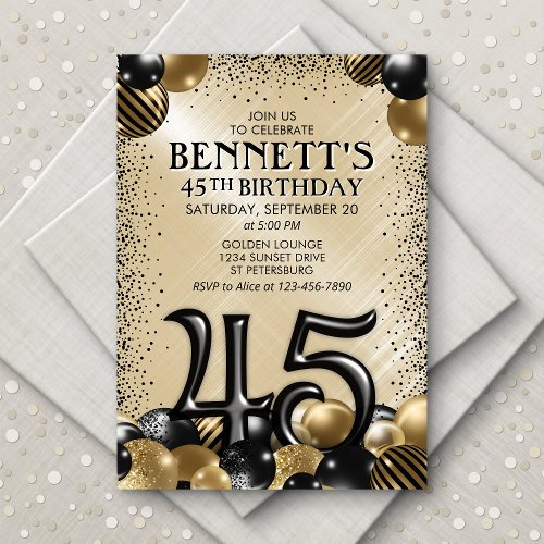 45th Balloons Black Gold Birthday Invitation