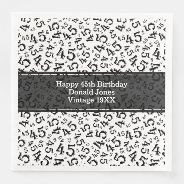 45th Birthday Age Number Pattern Black/White Paper Dinner Napkins (Front)