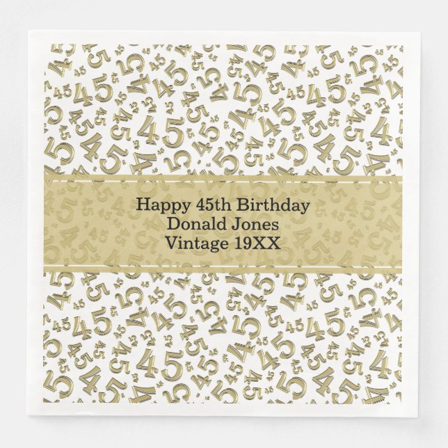 45th Birthday Age Number Pattern Gold/White Paper Dinner Napkins (Front)