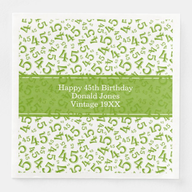 45th Birthday Age Number Pattern Green/White Paper Dinner Napkins (Front)