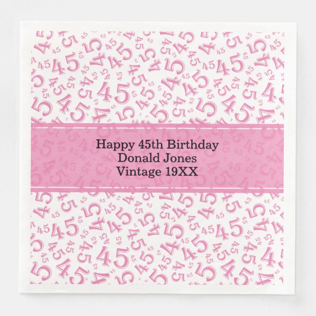 45th Birthday Age Number Pattern Pink/White Paper Dinner Napkins (Front)