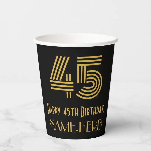 45th Birthday: Art Deco Inspired Look “45” & Name Paper Cups (Back)