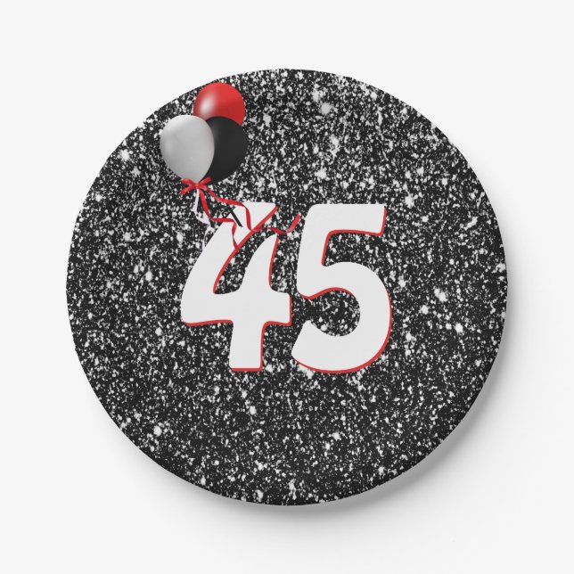 45th Birthday Balloons on Black Glitter  Paper Plates (Front)