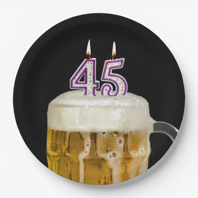 45th Birthday Beer on black Paper Plate (Front)