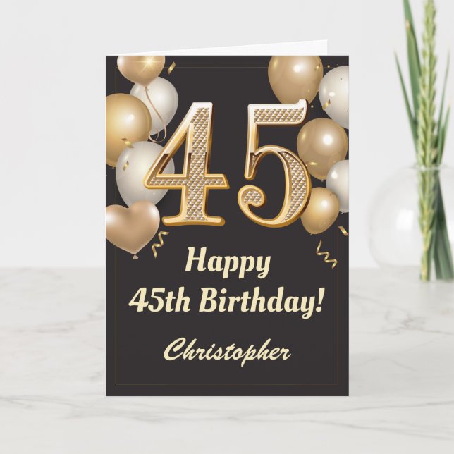 45th Birthday Black and Gold Balloons Confetti Card (Front)
