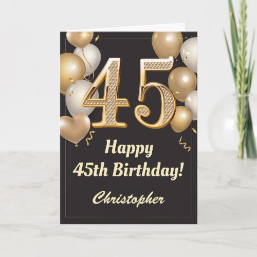 45th Birthday Black and Gold Balloons Confetti Card