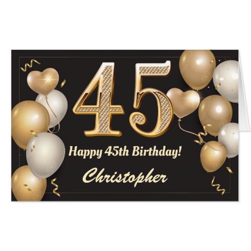 45th Birthday Black and Gold Balloons Extra Large Card