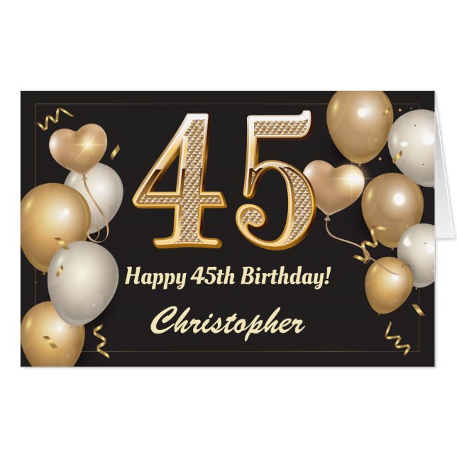 45th Birthday Black and Gold Balloons Extra Large Card (Front Horizontal)