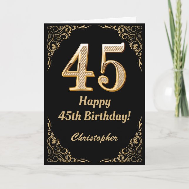 45th Birthday Black and Gold Glitter Frame Card (Front)