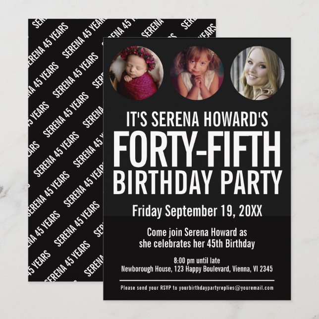 45th Birthday black white photo circles Invitation (Front/Back)