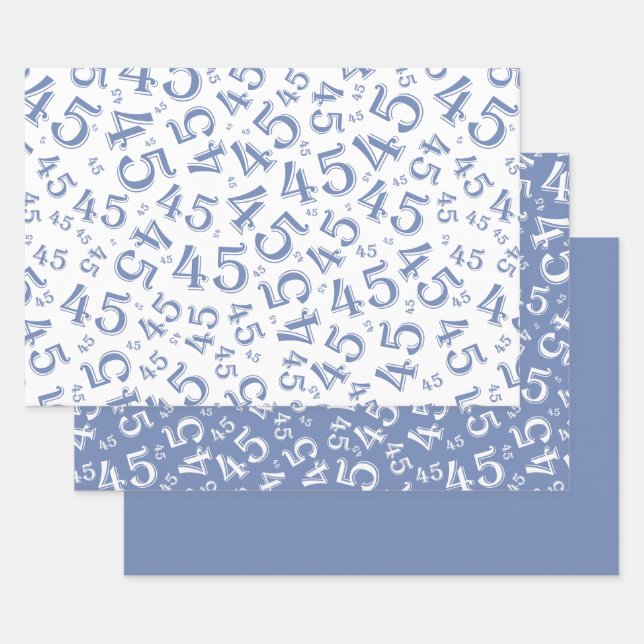 45th Birthday Blue/White Random Number Pattern 45 Wrapping Paper Sheets (Set)
