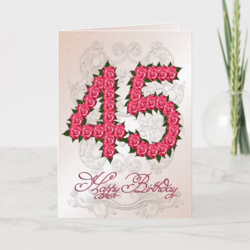 45th birthday card with roses and leaves