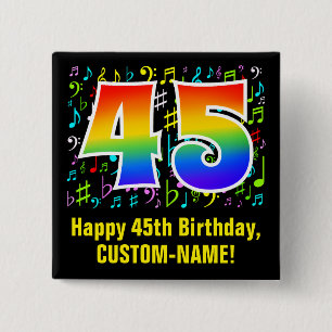 45th Birthday: Colorful Music Symbols, Rainbow 45 Button