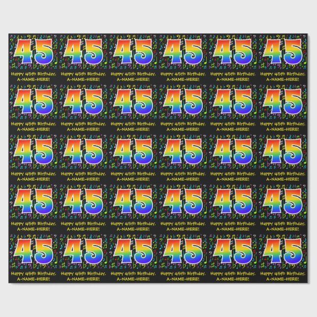 45th Birthday: Colorful Music Symbols, Rainbow 45 Wrapping Paper (Flat)