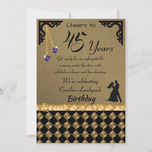 45th Birthday Dance Party Purple Heart Gem Damask Invitation