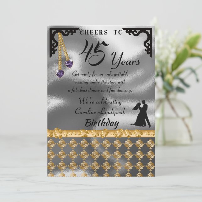 45th Birthday Dance Party Silver Foil Purple Heart Invitation (Standing Front)