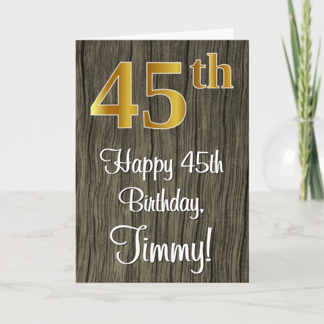 45th Birthday: Elegant Faux Gold Look #, Faux Wood Card (Front)