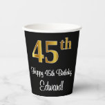 [ Thumbnail: 45th Birthday - Elegant Luxurious Faux Gold Look # Paper Cups ]