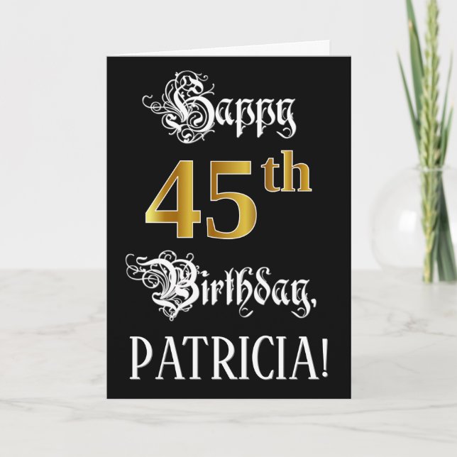 45th Birthday — Fancy Script; Faux Gold Look; Name Card (Front)