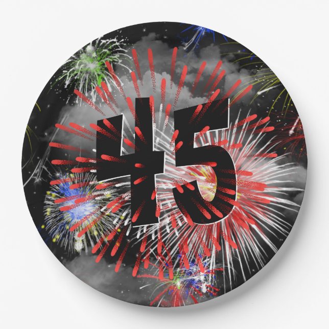 45th Birthday Fireworks In Clouds Paper Plates (Front)