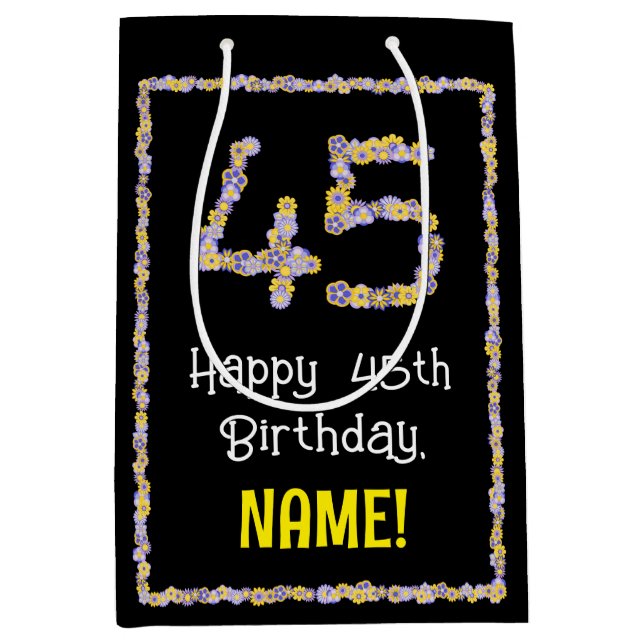 45th Birthday: Floral Flowers Number, Custom Name Medium Gift Bag (Front)
