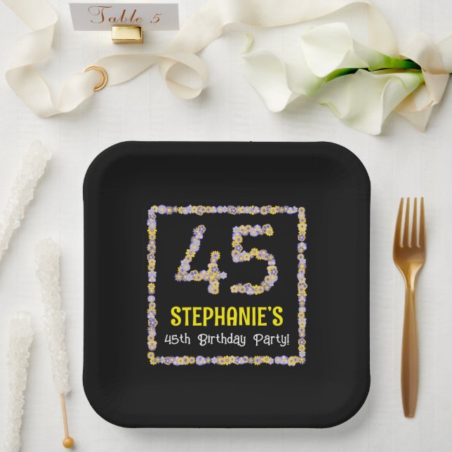 45th Birthday: Floral Flowers Number, Custom Name Paper Plates (Wedding)