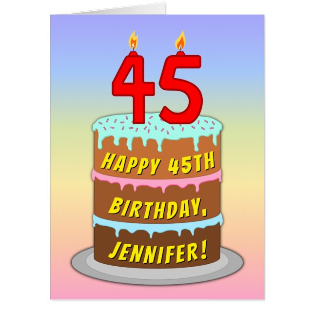 45th Birthday: Fun Cake & Candles, w/ Custom Name Card (Front)