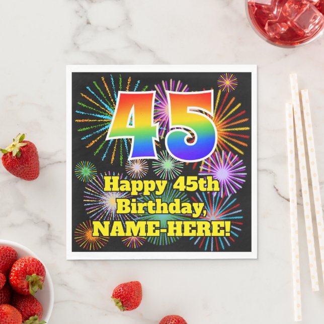 45th Birthday: Fun Fireworks Pattern + Rainbow 45 Napkins (Insitu)