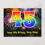 [ Thumbnail: 45th Birthday – Fun Fireworks Pattern + Rainbow 45 Postcard ]