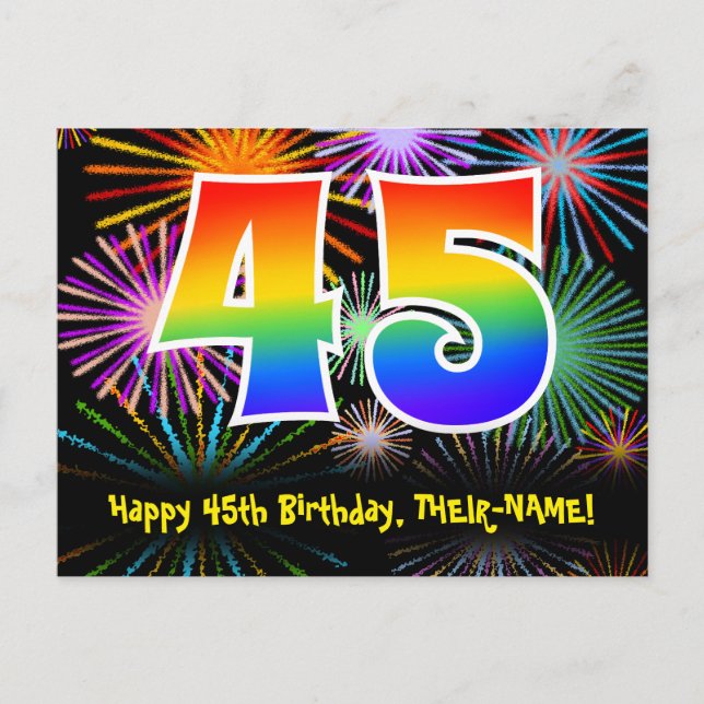 45th Birthday – Fun Fireworks Pattern + Rainbow 45 Postcard (Front)