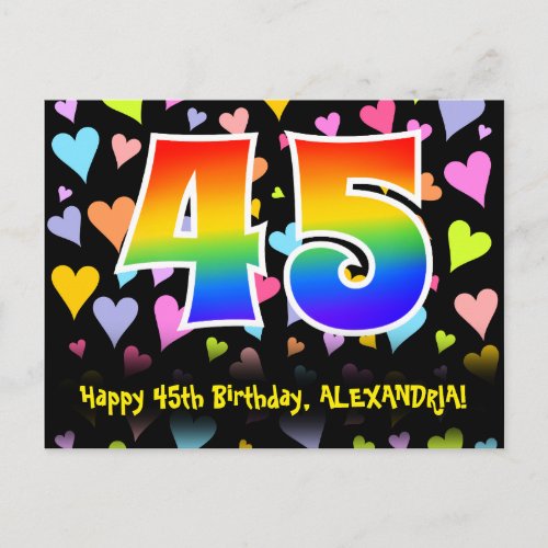 45th Birthday Fun Hearts Pattern Rainbow 45 Postcard